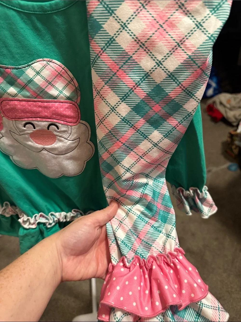 Girls Green Santa Appliqué Set with Pink Plaid Pants